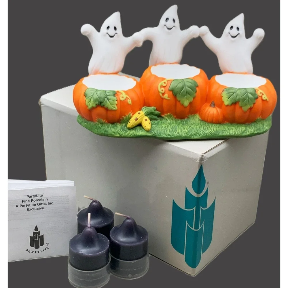 PartyLite Ghost Trio Candle Holder Halloween w 3 PL Candles NIB Retired Vintage